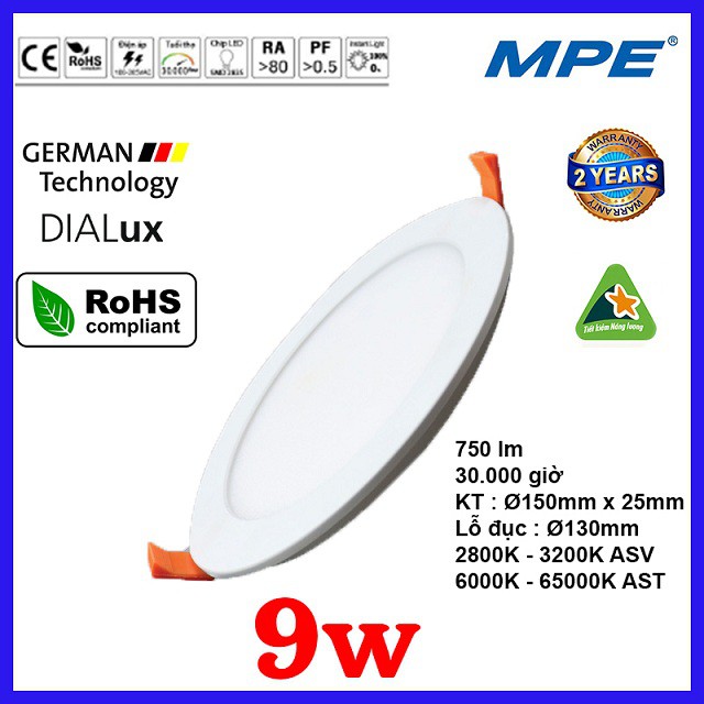 Đèn led âm trần 9W Tròn MPE RPL-9 ( tiêu chuẩn Châu Âu ) - Điện Việt