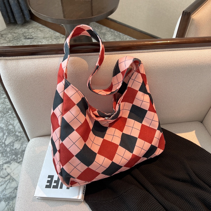 Túi Xách Vải Nylon Cỡ Lớn Họa Tiết Sọc Caro Màu Tương Phản Thời Trang Cho Nữ