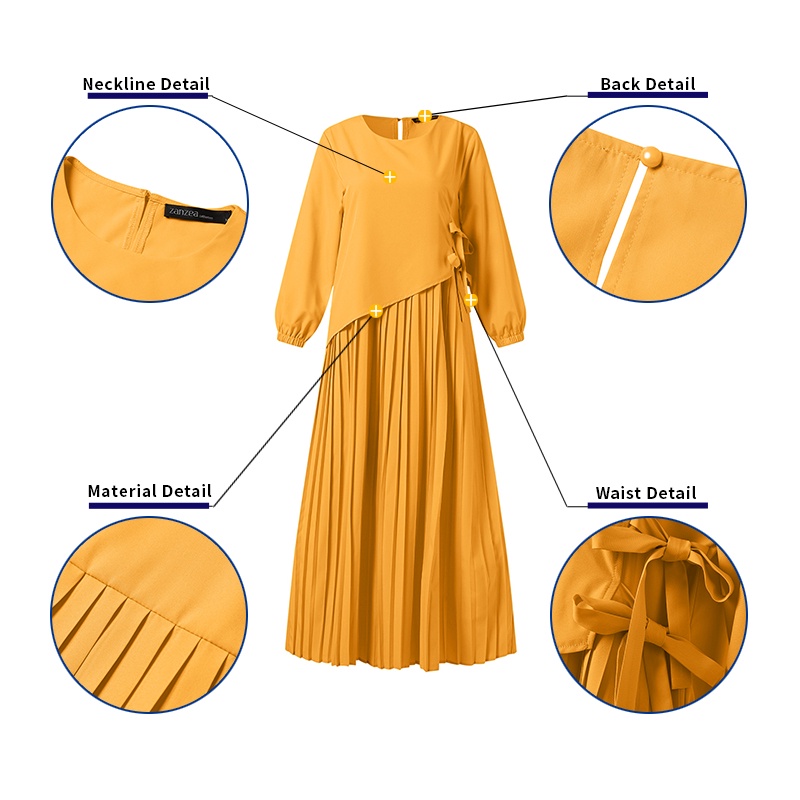 Đầm ZANZEA dáng chữ A cổ tròn xếp ly hai lớp eo thắt dây màu trơn cho phụ nữ phong cách Hồi Giáo