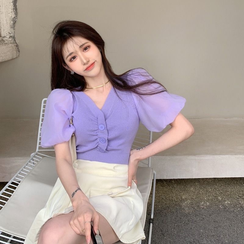 Áo len tay phồng ngắn cổ chữ v màu hồng trơn ôm dáng thời trang cho nữ | BigBuy360 - bigbuy360.vn