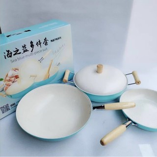 (sẵn)set 3 cái nồi chảo chống dính màu xanh ngọc siêu bền thép chống gỉ cao cấp