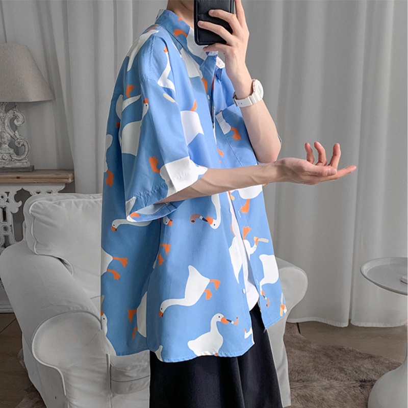 Áo Sơ Mi Tay Lửng Dáng Rộng In Hình Vịt Thời Trang Hàn Quốc Dành Cho Nam