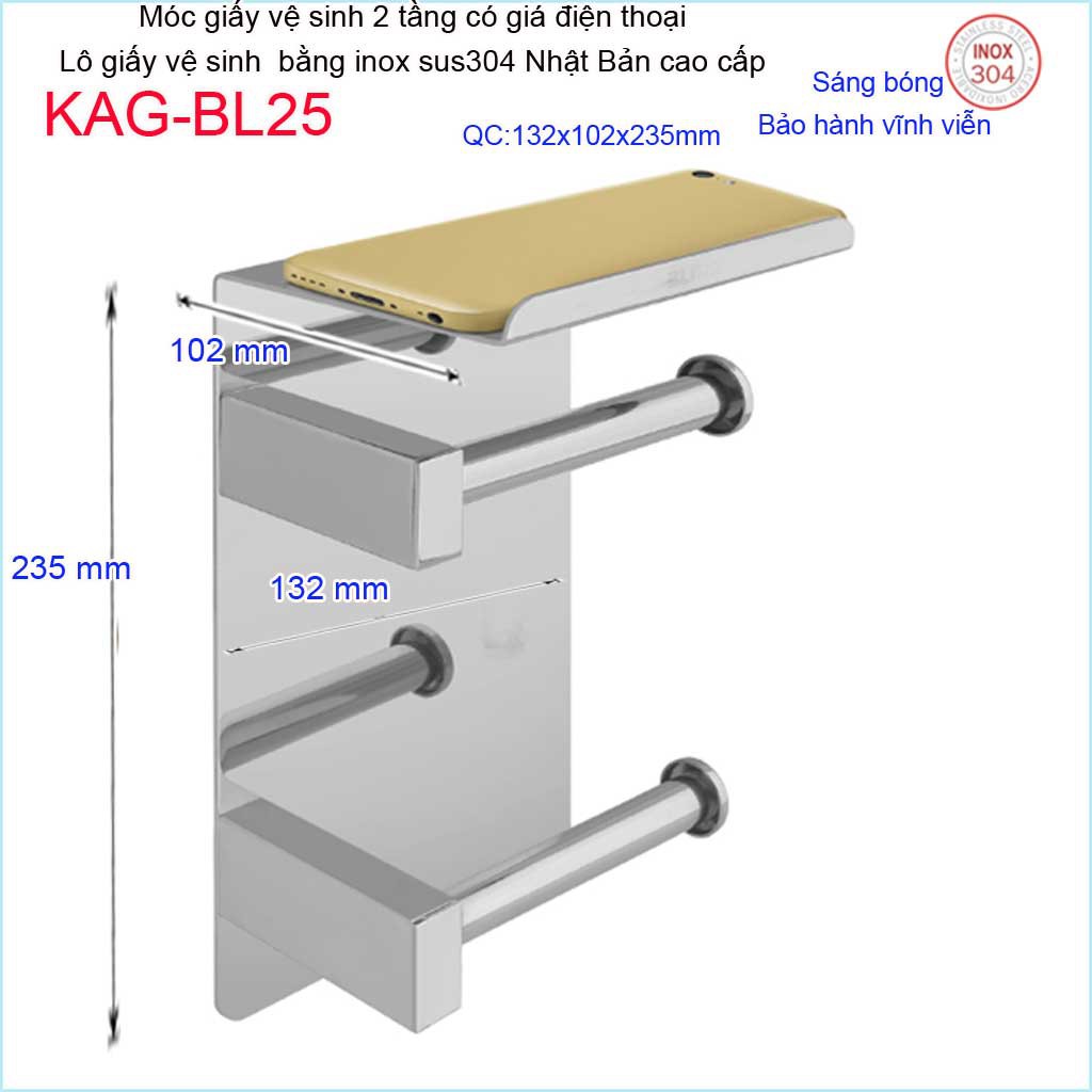 Móc giấy vệ sinh 2 tầng KAG-BL25 có giá đỡ điện thoại, kệ để giấy 304 Nhật Bản inox bóng dập khuôn sắc sảo sang trọng