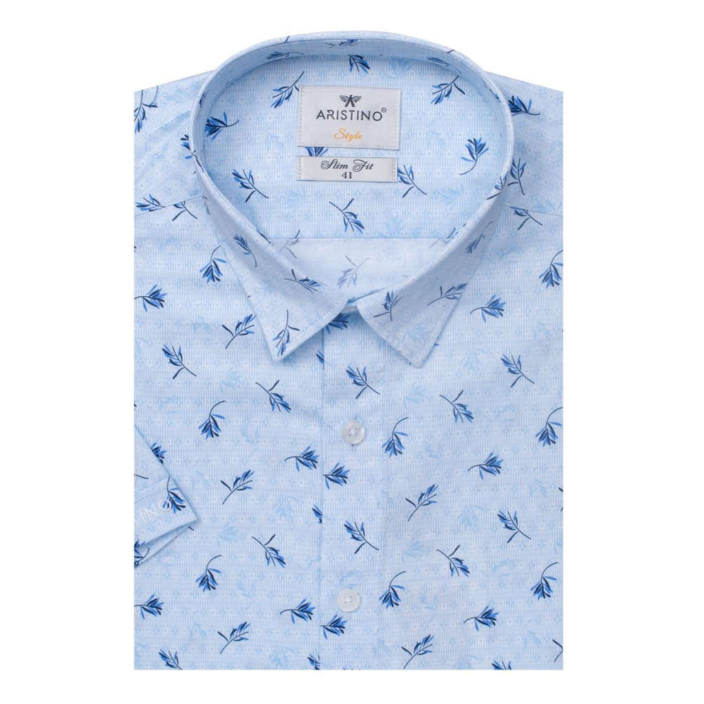 Áo Sơ Mi Nam Tay Ngắn Aristino ASS032S9 Màu Trắng In Lá Xanh Dáng Slim Fit Tà Lượn Chất Liệu Cotton