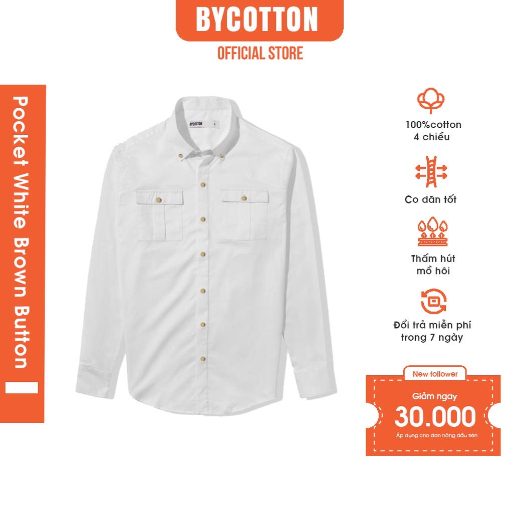 Áo Sơ Mi Nam Dài Tay Trắng Nút Nâu Hai Túi BY COTTON Pocket White Brown Button Shirt
