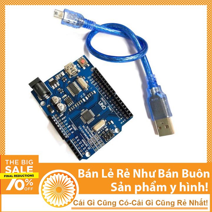 Bo Mạch Uno R3 Atmega328P CH340G Cổng Mini USB Nạp Code + Cáp Mini USB