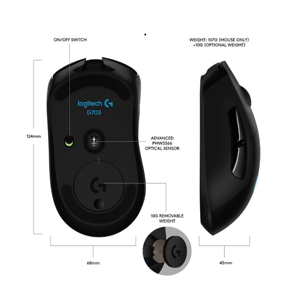 Chuột Gaming Không Dây Logitech G703 Hero LightSpeed Wireless Gaming RGB LED Siêu Nhạy Cao Cấp