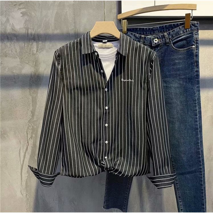 Áo Sơ Mi Dài Tay Họa Tiết Kẻ Sọc Thời Trang Mùa Hè Hàn Quốc Cho Nam Size S-2Xl