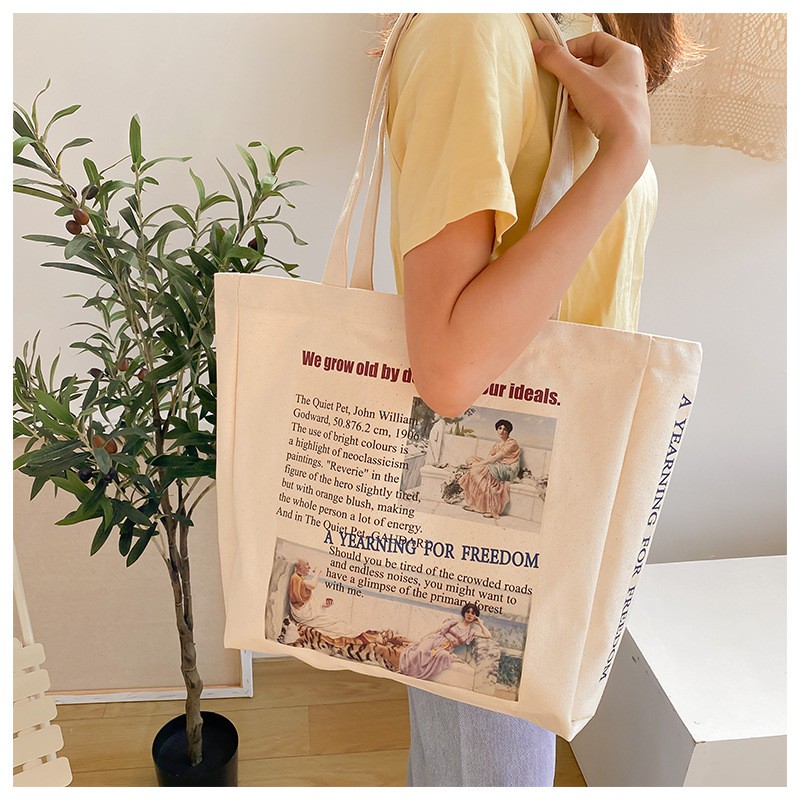 Túi vải tote canvas đáy vuông size lớn rộng rãi họa tiết vintage cho nữ