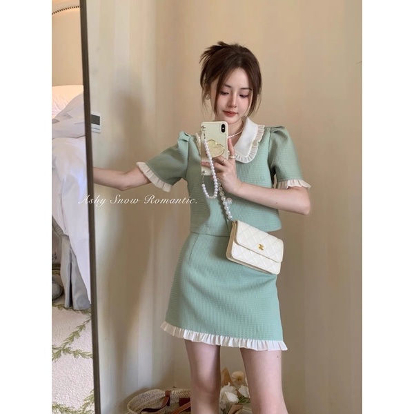SET xanh Ngọc Cổ Sen mix chân váy ren trắng