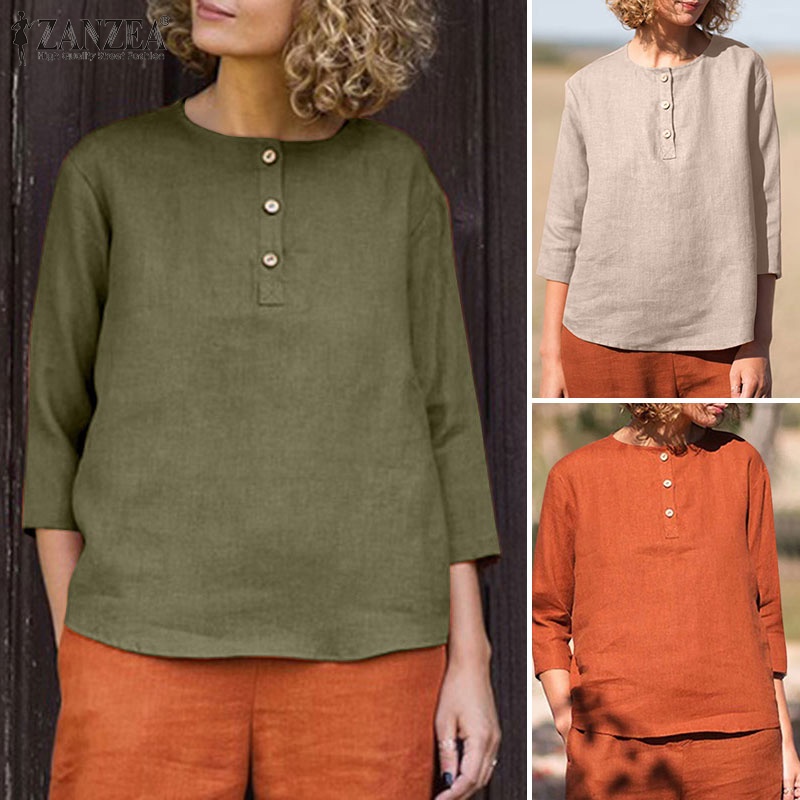 ZANZEA Áo Sơ Mi Nữ Tay 3 / 4 Vải Cotton Màu Trơn Thời Trang