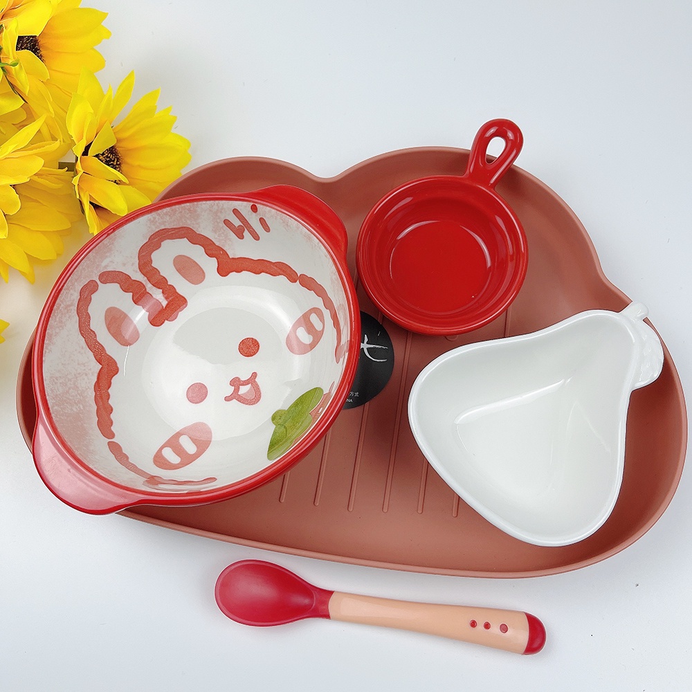Bộ Bát Sứ Ăn Dặm Kiểu Nhật, Set Bát Ăn Dặm Gốm Sứ Kèm Khay Ăn Dặm Nhiều Hình Màu Đáng Yêu Cho Bé Tặng Kèm Thìa Báo Nóng