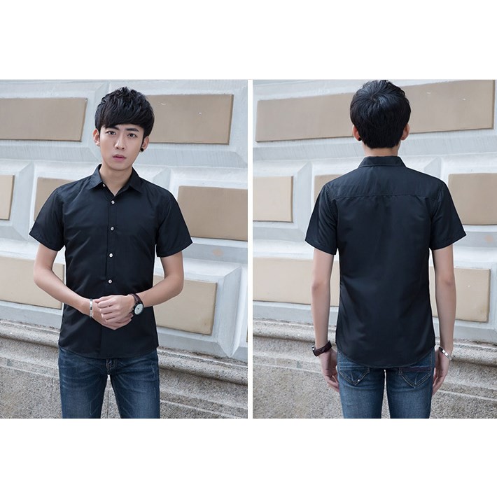 Áo sơ mi Nam ngắn tay cổ trơn màu đen | BigBuy360 - bigbuy360.vn