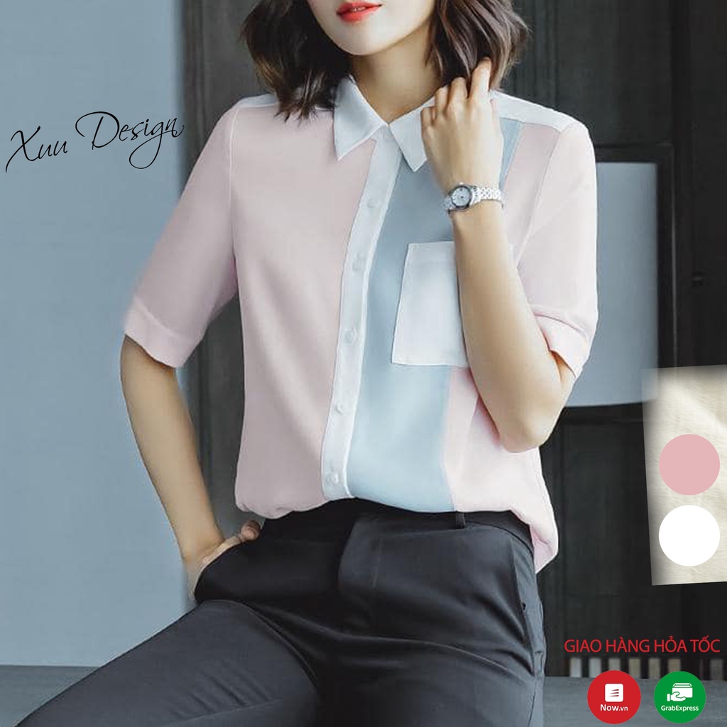 Áo sơ mi nữ công sở XUU, chất vải lụa cộc tay phối màu - TK20.22