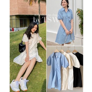 Váy sơ mi nhún vạt chất thô 4 màu