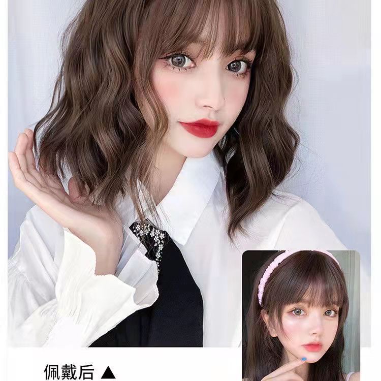 Bộ Tóc Giả Dài 40CM Mái Ngang Vai Xoăn Gợn Sóng Màu Lì Chịu Nhiệt Dành Cho Nữ