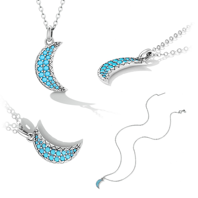 BAMOER Vòng cổ Bạc 925 Mặt Hình Mặt Trăng Đính Đá Ngọc Lam Thời Trang Cho Nữ