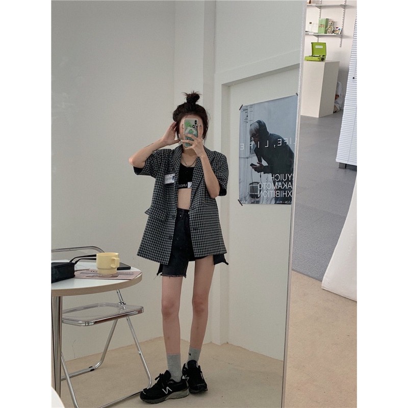 Áo khoác blazer ngắn tay ulzzang kẻ sọc caro fashion 2021 Áo khoác vest ulzzang ngắn tay | BigBuy360 - bigbuy360.vn