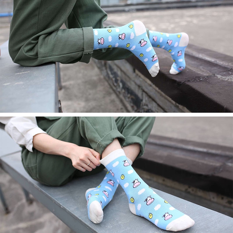 Strawberry Couple Socks New Street Trend Cotton Breathable Angel Cow Print Men Women Casual Crew Socks Stretch Kawaii Socks