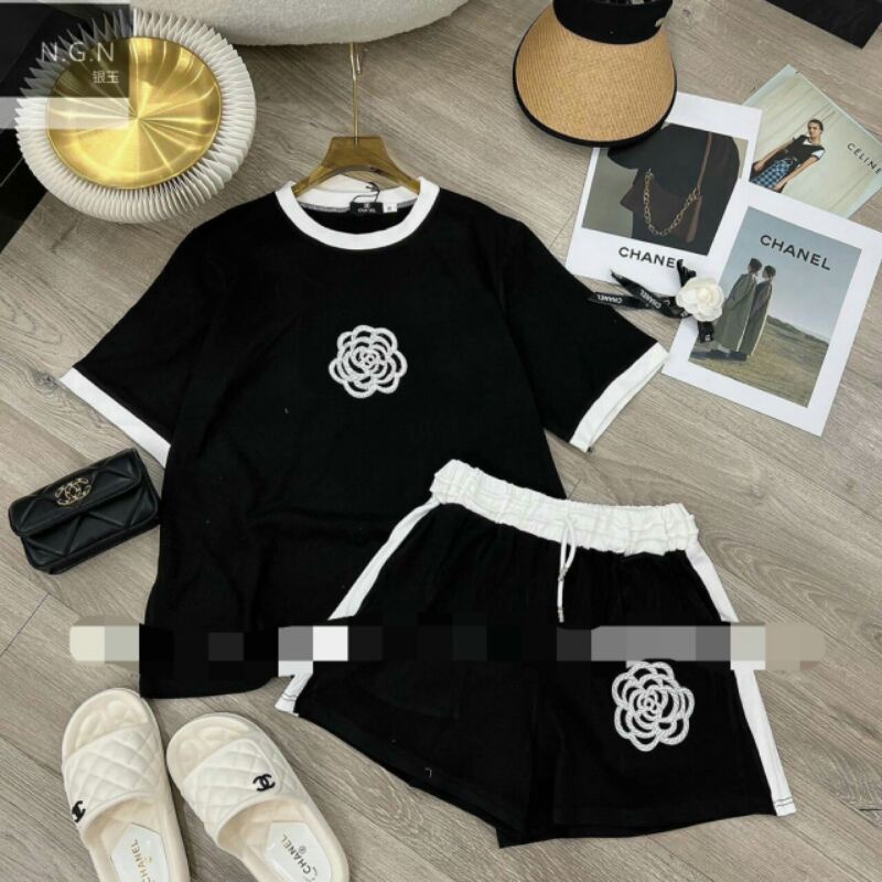 SET BỘ THUN GÂN CHANEL HOA TRÀ về hàng bao sịn. Chất thun gân loại 1 mềm đẹp