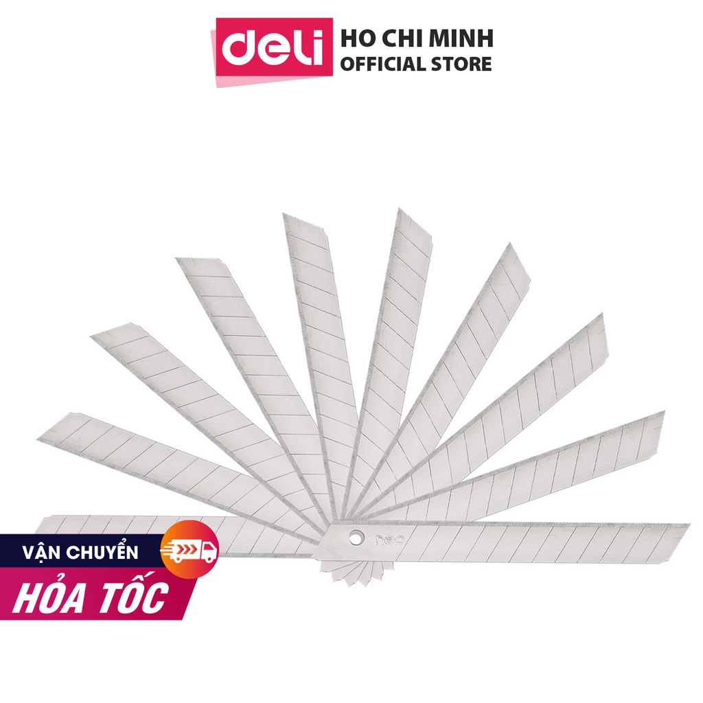 Hộp 10 Lưỡi Dao Rọc Giấy Cắt Giấy 13 Đốt Màu Bạc Size 9x80mm Deli - Cỡ Thông Dụng DIY Trạm Khắc Bóc Hàng