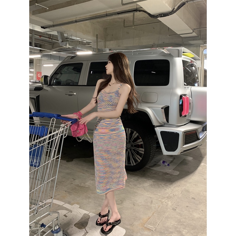 Cocory vn Set Áo Dây + Chân Váy Chữ A Dài Họa Tiết Màu Nhuộm Thời Trang Quyến Rũ Cho Nữ