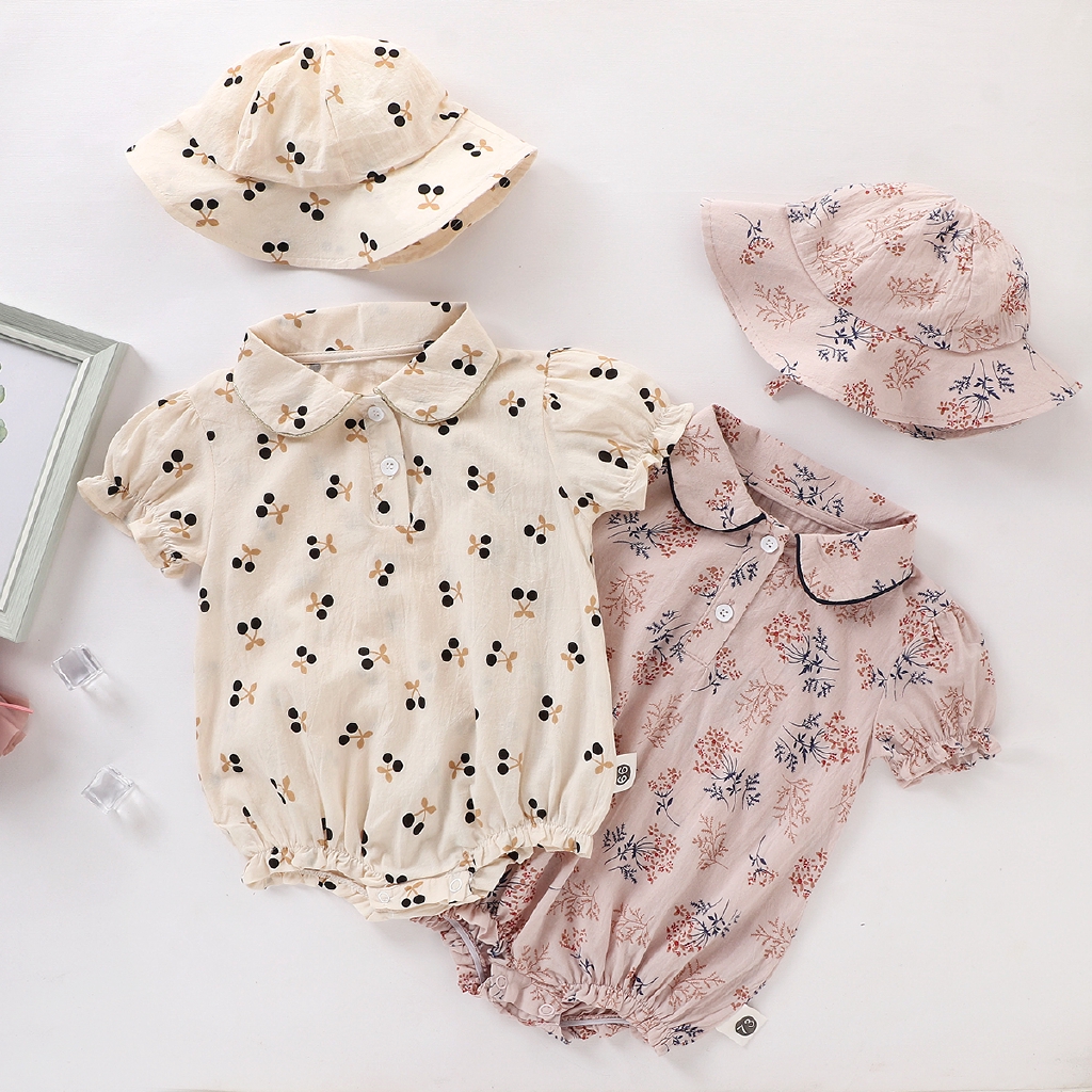 Set 2 món gồm romper + mũ cotton mềm thời trang mùa hè đáng yêu cho bé