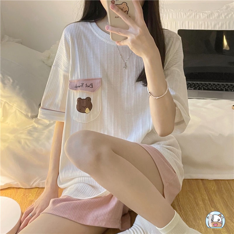 Bộ Đồ Ngủ Tay Ngắn In Họa Tiết Chú Gấu Dễ Thương Phong Cách Nhật Bản Thời Trang Mùa Hè Cho Nữ