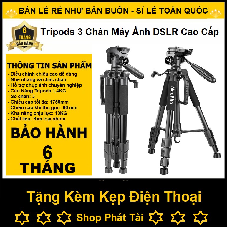 (Tripods Máy Ảnh DSLR) Tripods 3 Chân Máy Ảnh Chuyên Nghiệp-Giá Đỡ Điện Thoại Máy Ảnh Cao Cấp - Chịu tải 10Kg - Cao 1m75