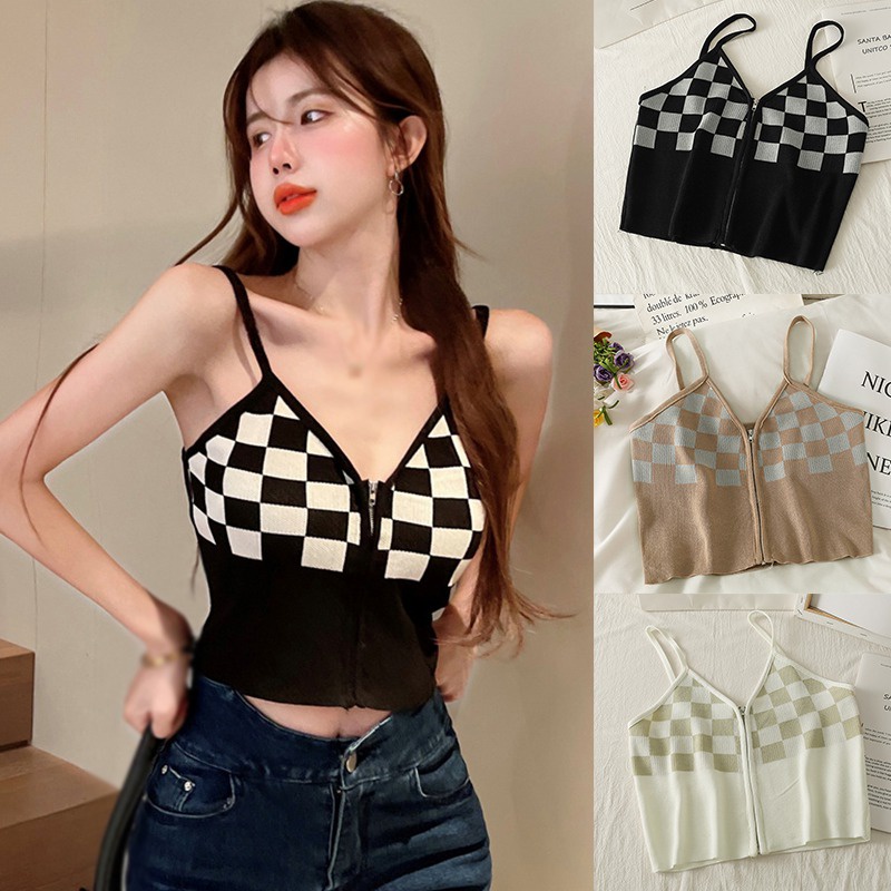 Áo Croptop Không Tay Cổ Chữ V Họa Tiết Sọc Caro Siêu Nhẹ Thiết Kế Khóa Kéo Thời Trang Cho Nữ