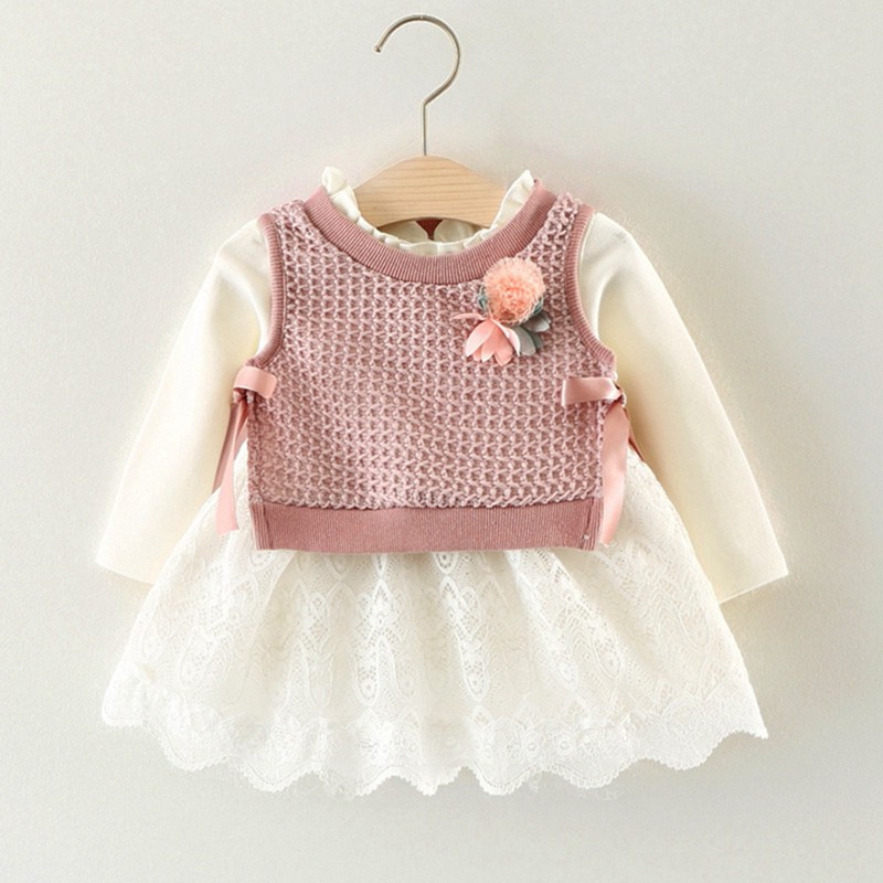 Set Đầm Tay Dài Cổ Tròn Và Áo Len Không Tay Dễ Thương Cho Bé Gái