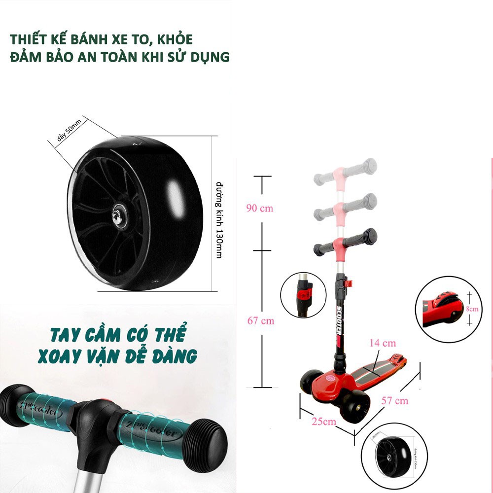 Xe trượt scooter cho bé 2-15 tuổi 3 bánh to phát sáng vĩnh cửu gấp gọn 110 kg phù hợp cho cả bé trai và gái (BH-12tháng)