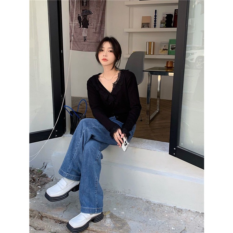 COZOK Áo sweater Tay Dài Dáng Rộng Phối Ren Thời Trang