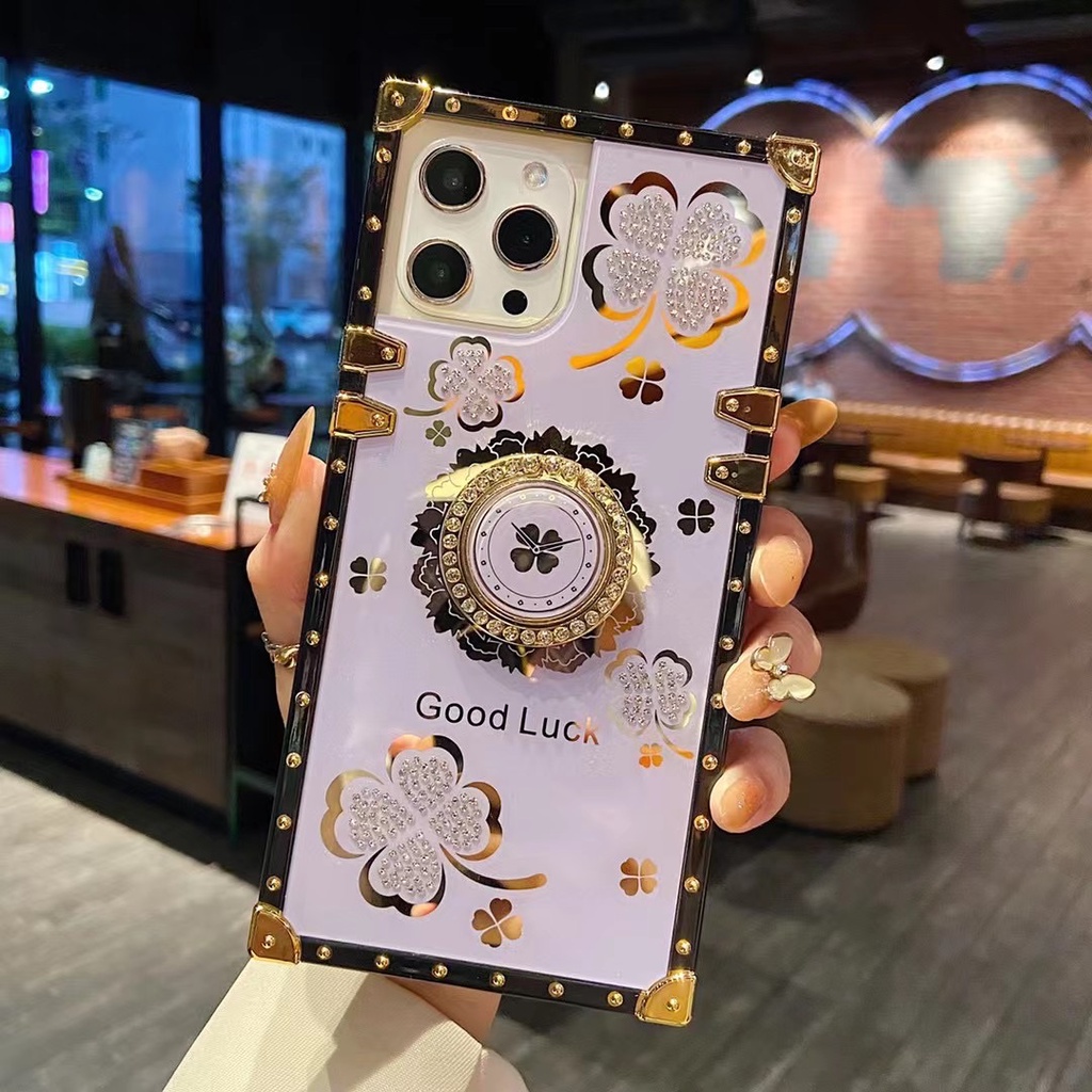 Ốp Điện Thoại Hình Vuông Họa Tiết Cỏ Bốn Lá Đính Đá Kèm Giá Đỡ Cho Samsung A20 A30 A20S A21S A12 A21 A33 A22 5G A02 A02S A03S A03CORE