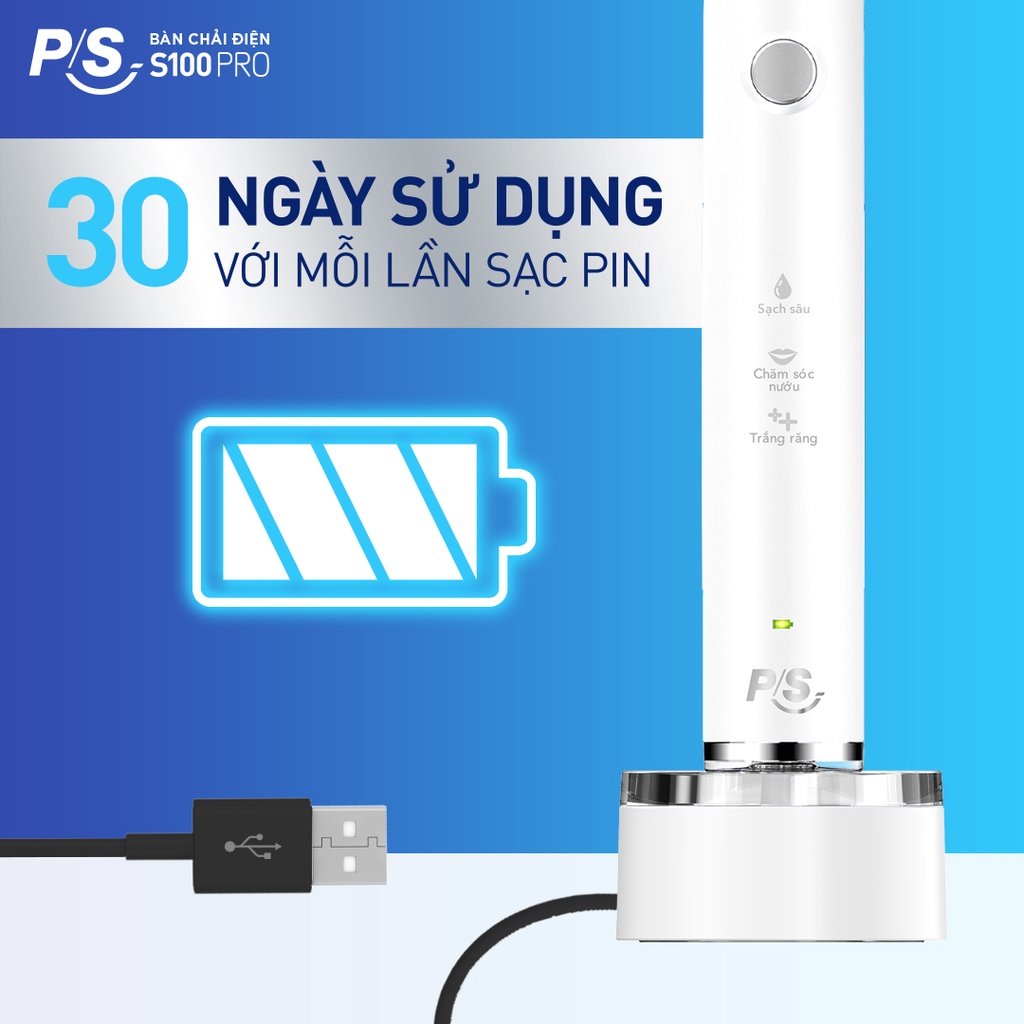 Combo 2 Bộ bàn Chải Điện P/S S100 PRO - Công Nghệ Sóng Âm, Chải Sạch Mảng Bám Tới 10X - Đen Nhám