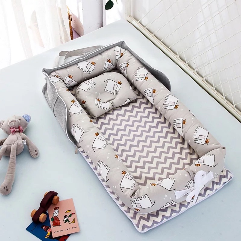 Đệm ngủ cho bé gấp gọn, Đệm nằm di động cho bé ngủ ngon, gối 2 lớp (tặng kèm gối chống méo đầu dành cho bé) MomChoice