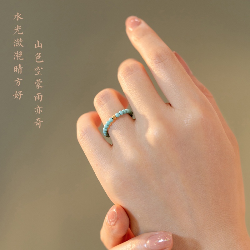 Nhẫn Đính Đá Ngọc Lam Kích Thước 2mm Phong Cách Retro Thời Trang Xuân Hè Cho Nữ