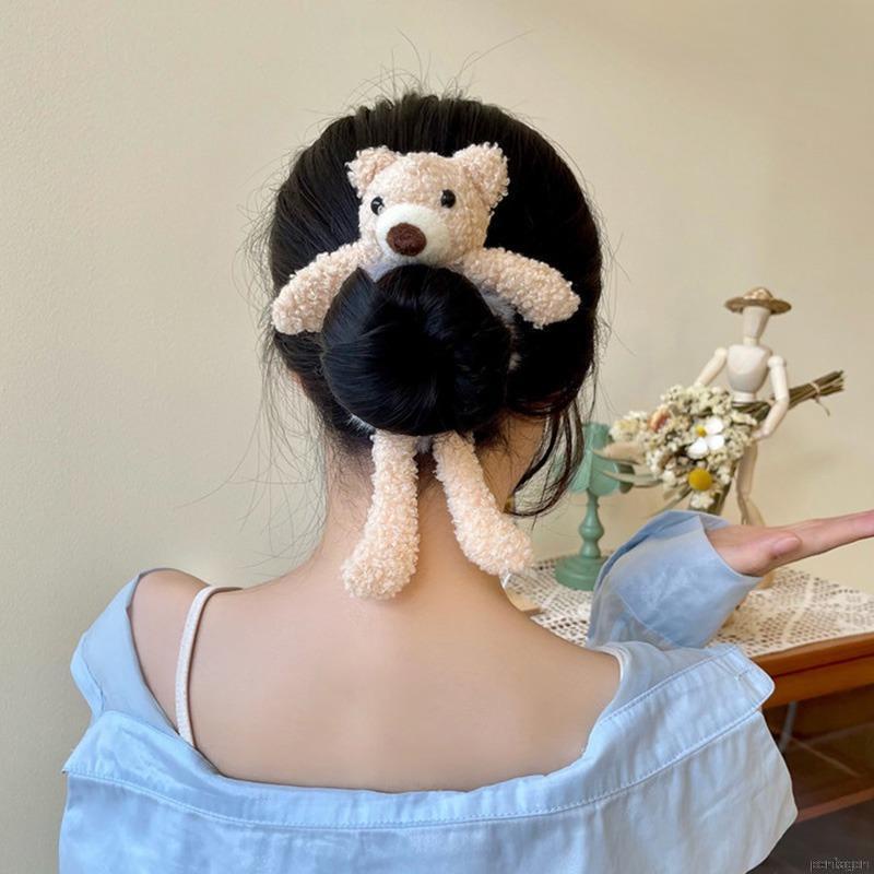 Dây Cột Tóc Cao Su Co Giãn Phối Lông Hình Gấu Dễ Thương Phong Cách Hàn Quốc Cho Nữ