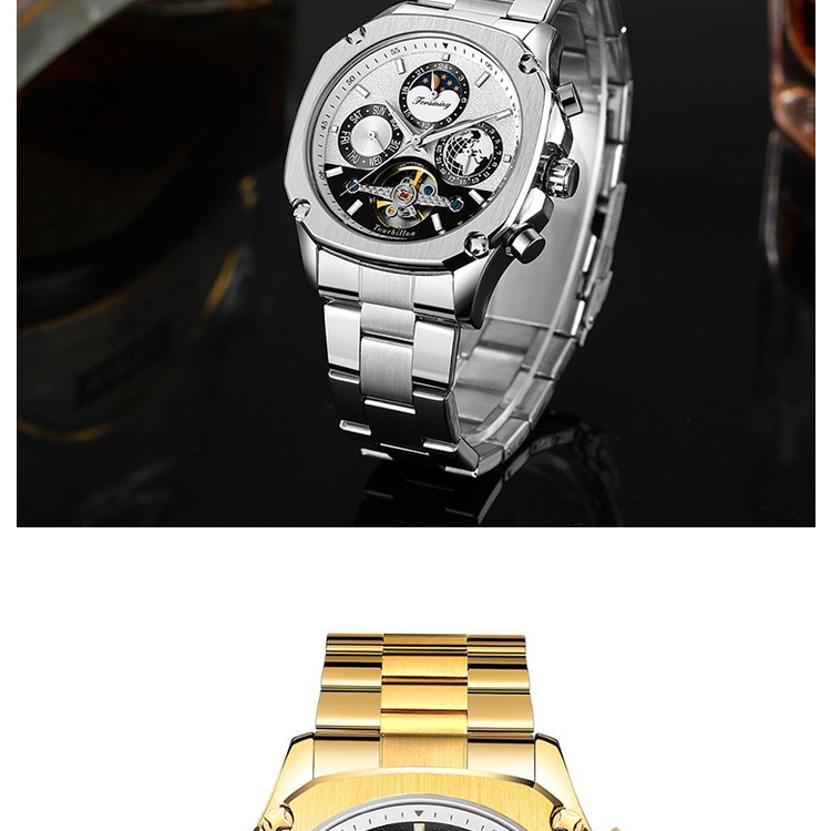 Đồng hồ Nam độc đáo Forsining dây thép - Đồng hồ nam lộ cơ dạ quang