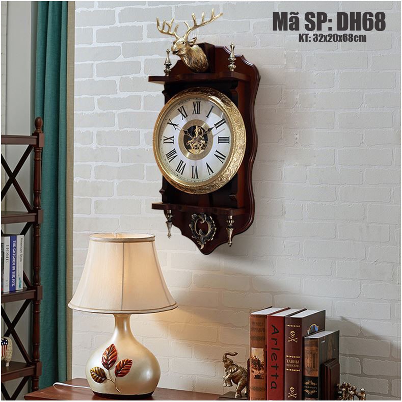 Đồng hồ treo tường quả lắc gỗ cao cấp DH68, Đồng hồ tân cổ điển chất liệu gỗ và đồng mạ vàng 24K
