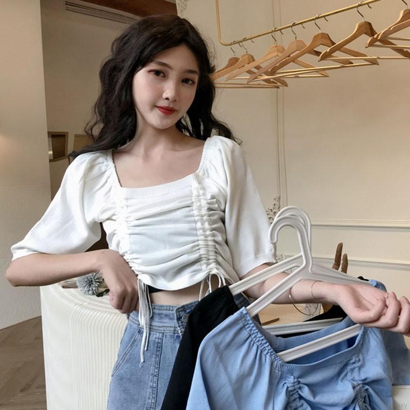 Áo Croptop Dệt Kim Tay Ngắn Phối Dây Rút Phong Cách Hàn Quốc