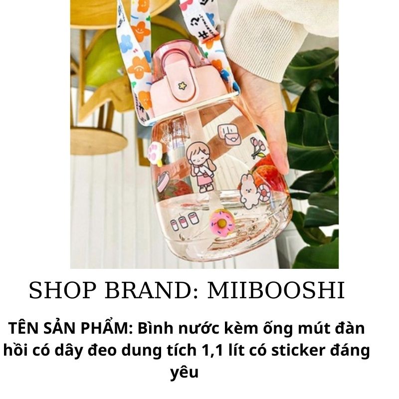 Bình nước kèm ống mút đàn hồi có dây đeo dung tích 1,1 lít có sticker đáng yêu Miibooshi D2.088.HO