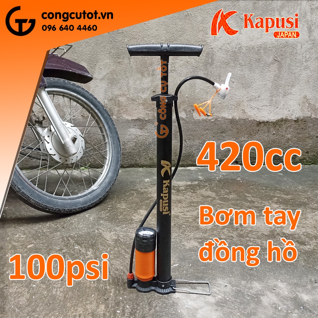 Bơm xe tay có đồng hồ và bình 7 cân hơi Kapusi bơm xe đạp xe máy, ô tô