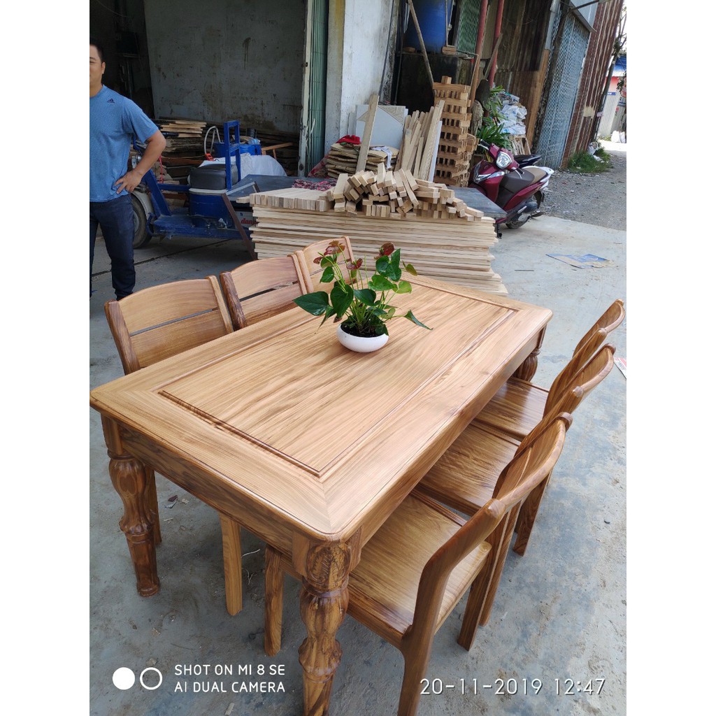 Bàn ăn 6 ghế chân khắc gỗ Hương Xám