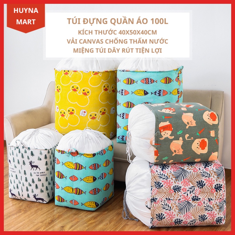 Túi Đựng Chăn Màn Quần Áo Cỡ Lớn 100L, Miệng Túi Dây Rút, Vải Canvas Chống Nước Chống Bụi TD03