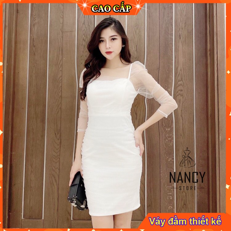 Đầm váy nữ body cao cấp thiết kế cổ vuông tay dây lửng dự tiệc sang trọng màu trắng Nancy A35