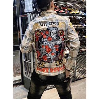 Áo sơ mi nam tay dài affliction chất kaki dày dặn kẻ loang thêu thần chết tử thần kín lưng K3 STORE S2648