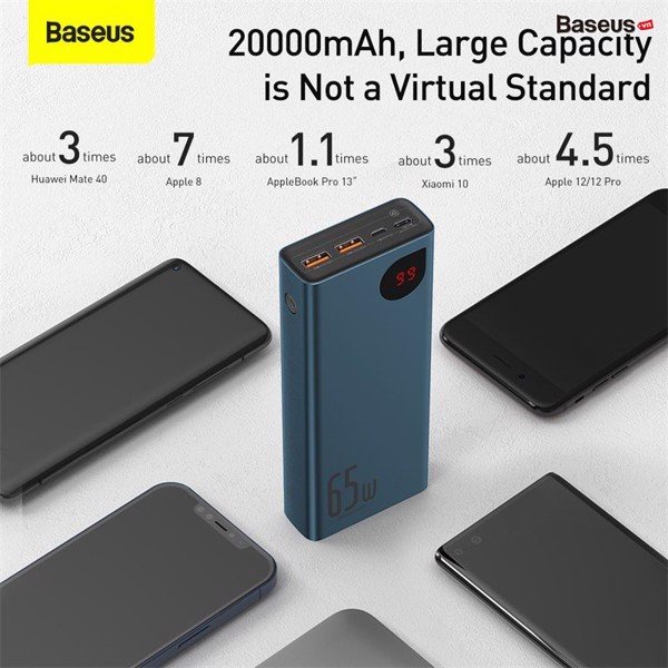 Pin dự phòng sạc nhanh Baseus Adaman Metal Digital Display Quick Charge Power Bank cho Smartphone (65W, 20000mAh, QC3.0)