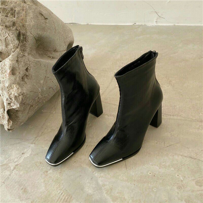 boot gót vuông hộp hoa đào mũi kim loại | BigBuy360 - bigbuy360.vn