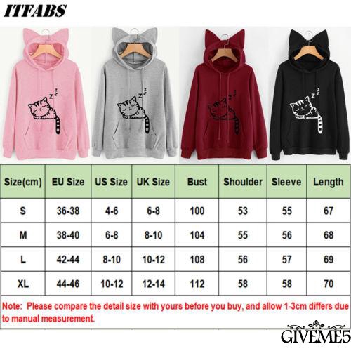 ♨♨-Women Long Sleeve Hooded Pullover Size S, M, L, XL, XXL)